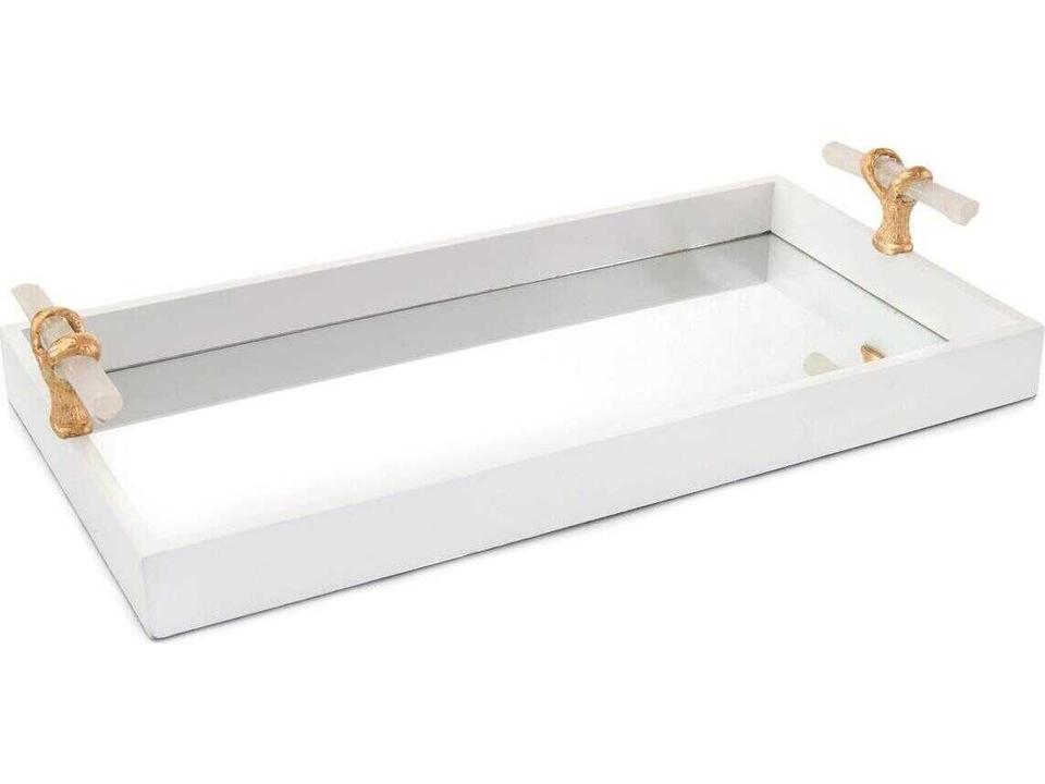 White Enameled Serving Tray with Selenite Handles