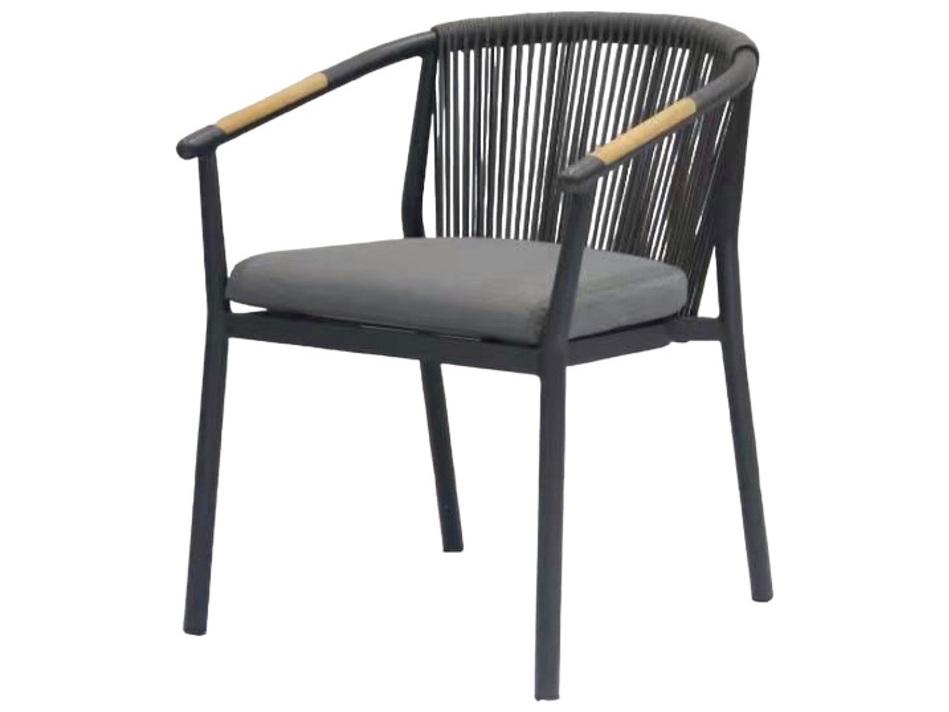 Curacao Cushion Aluminum Dining Arm Chair with Teak Armrest in Charcoal