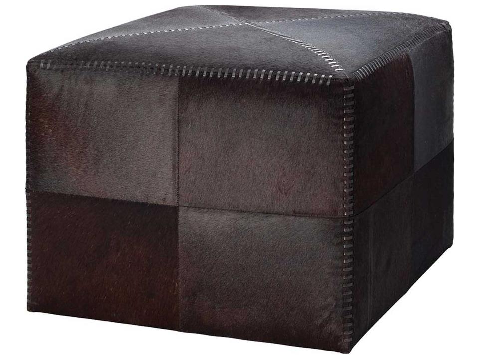 Large Espresso Hair-on-Hide Leather Ottoman with Contrast Stitching