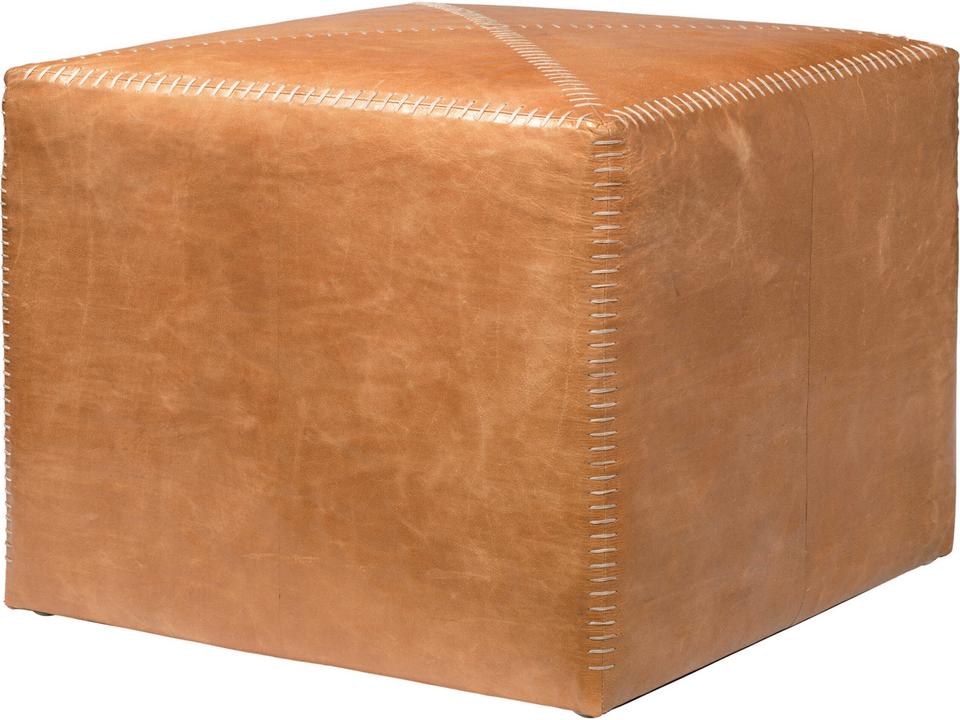 Buff Leather Square Upholstered Ottoman in Tan