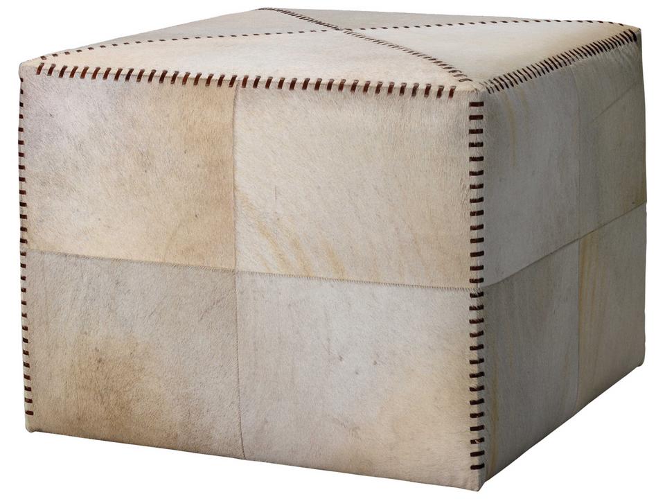 Co Hide Square Ottoman in White with Leather Stitching