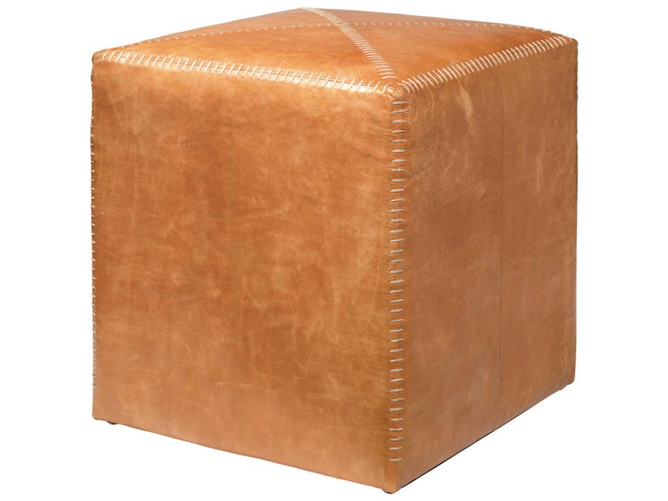 Small Buff Leather Ottoman with Contrasting Stitching
