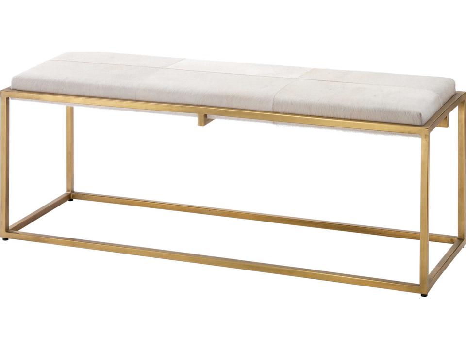 Shelby White Hide Bench with Antique Brass Metal Frame