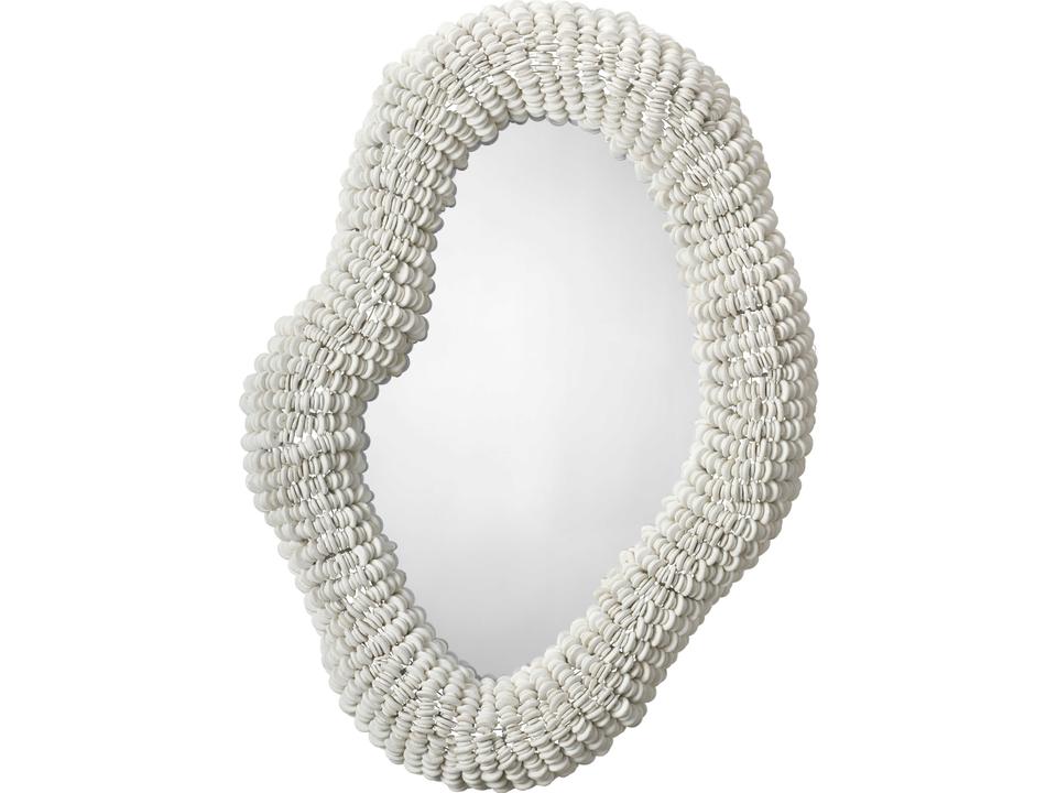 Amoeba White Wall Mirror with Beaded Mango Wood Frame