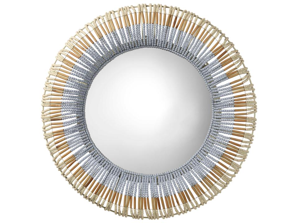 Native Round Wall Mirror with Hand-Carved Wood Beads Natural and Blue
