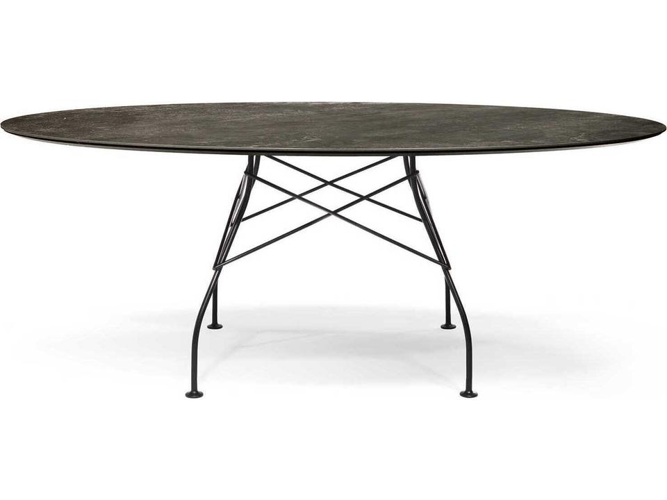 Glossy Marble Aged Bronze Black Painted Steel Oval Dining Table