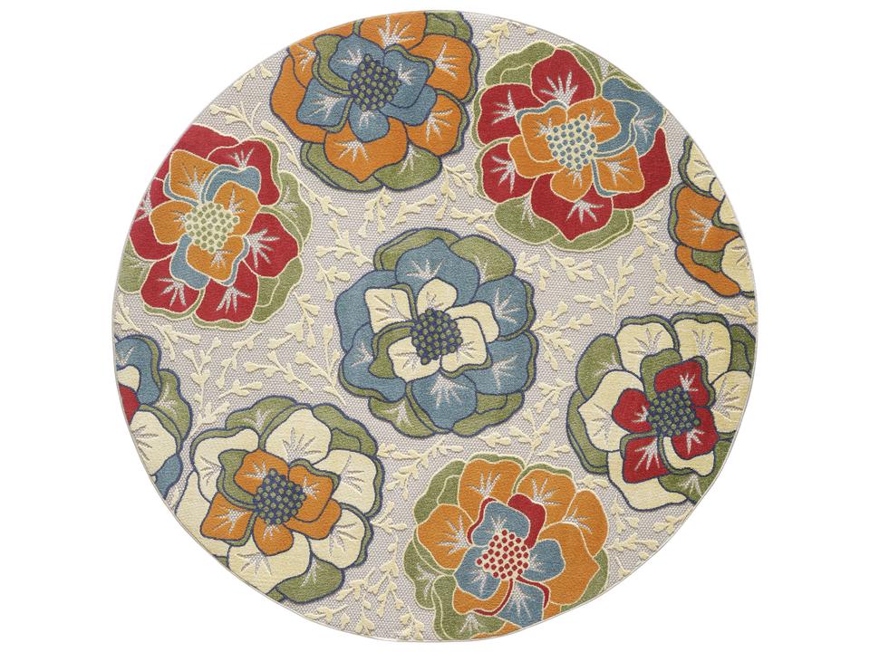 Calla Floral Indoor Outdoor Round Area Rug in Ivory