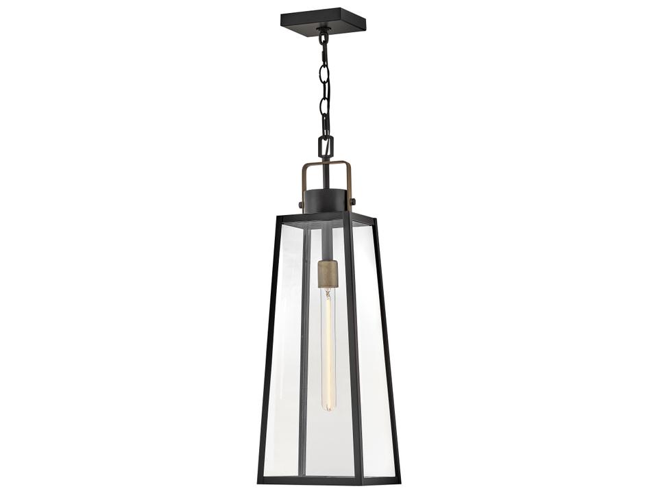 Hugh 1-Light Outdoor Hanging Lantern in Black with Burnished Bronze Accent