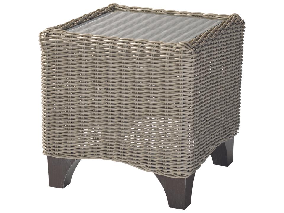 Requisite Square Accent Table Woven All-Weather Wicker Glass Top Macchiato or Bone Finish