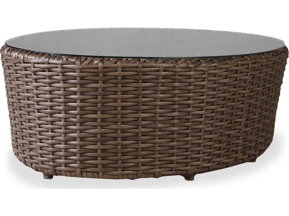 Largo 48 Inch Oval Wicker Coffee Table with Glass Top in Vintage Oak