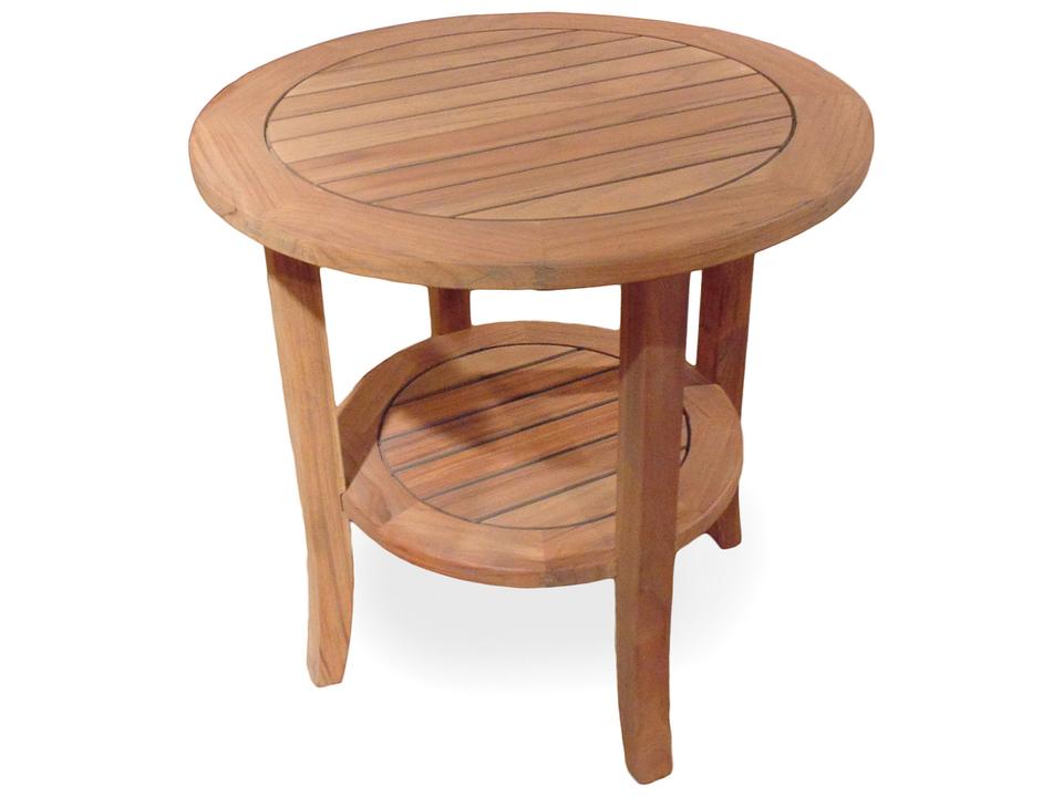 Teak 24 Inch Round Tapered Leg Outdoor End Table with Shelf