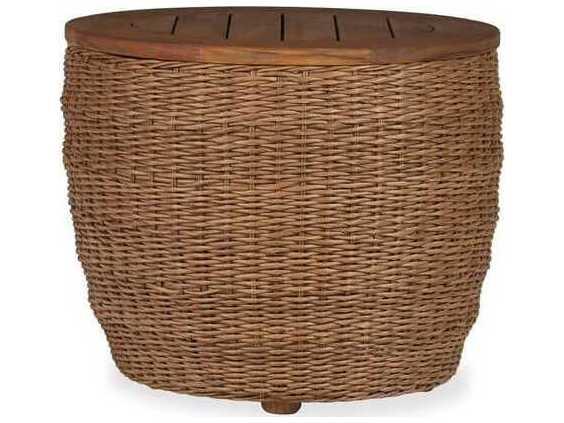 Tobago Round Barrel Wicker End Table with Antiqued Teak Top
