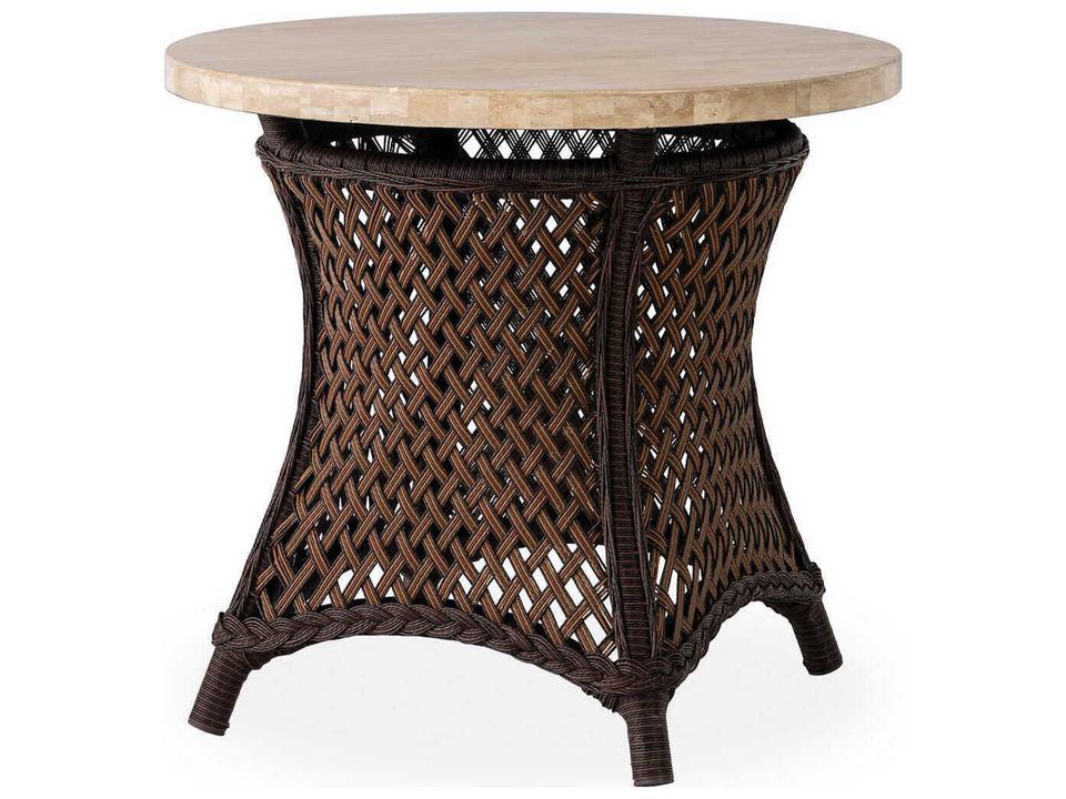 Grand Traverse 24 Inch Round Outdoor End Table with Travertine Top