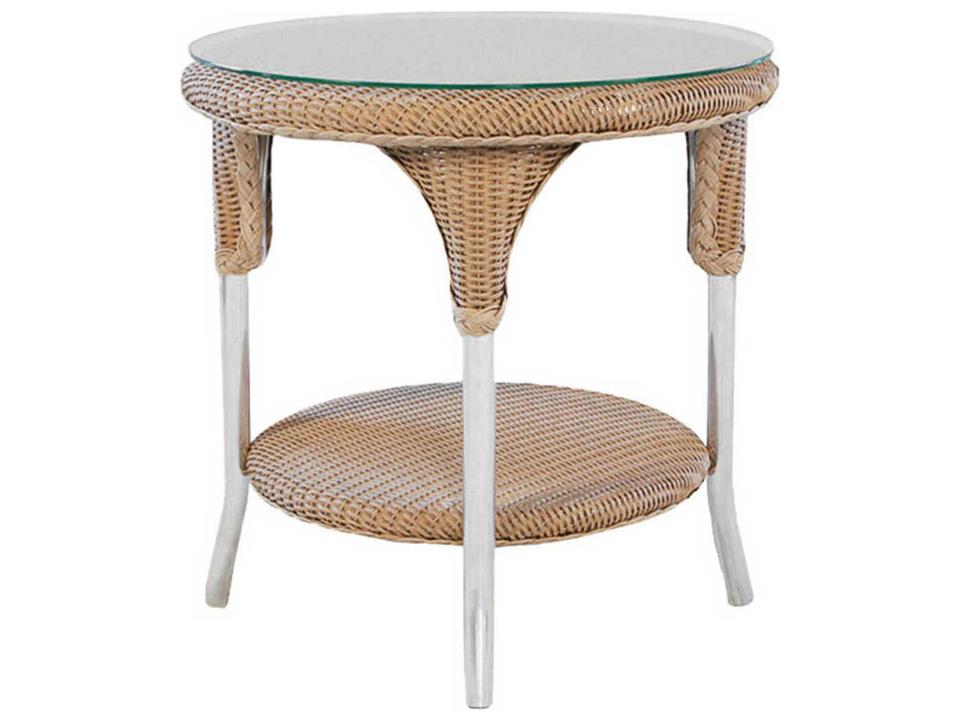 Weekend Retreat Round Wicker End Table with Glass Top