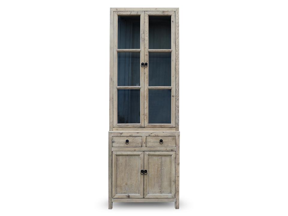 4 Door Glass Display Cabinet Weathered Natural Pine Set of 2