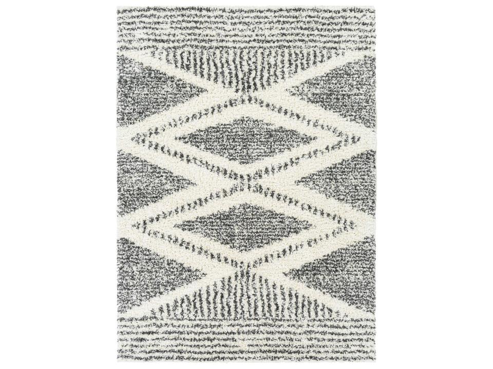 Deluxe Shag Geometric Area Rug in Cream and Charcoal