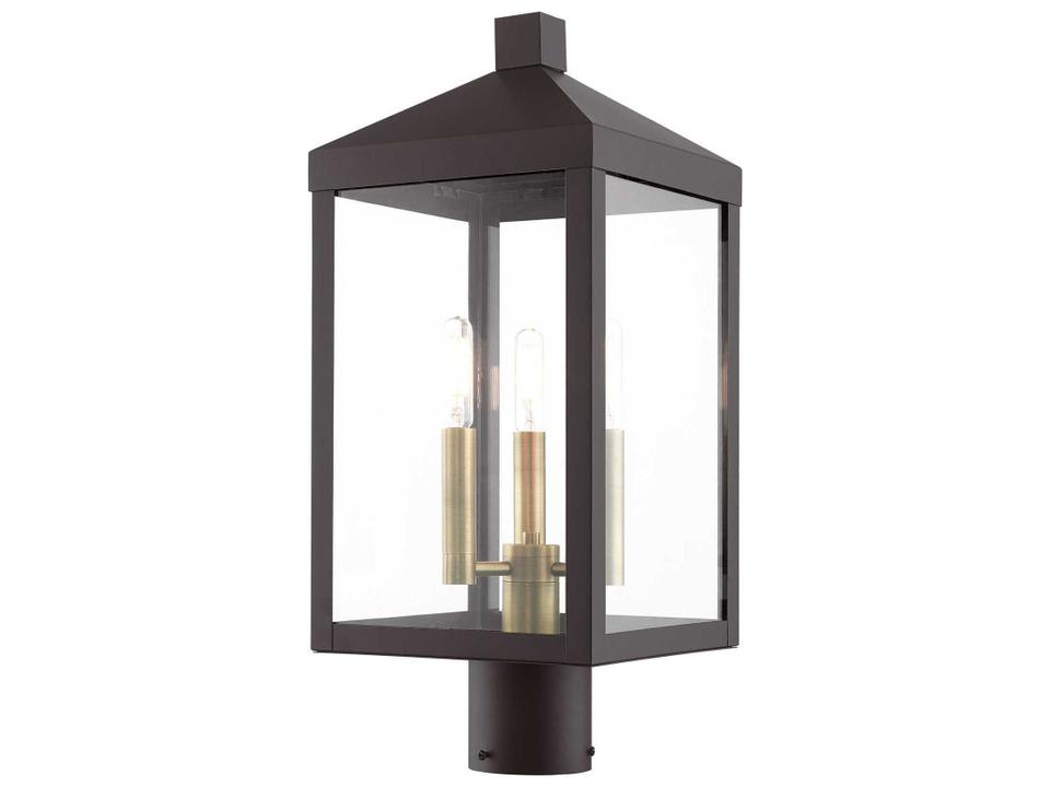 Nyack 3-Light Outdoor Post Top Lantern in Bronze with Antique Brass