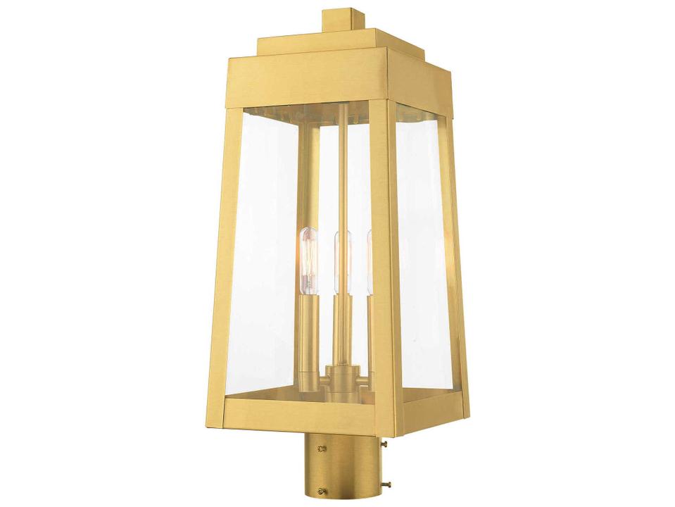 Oslo 3-Light Outdoor Post Light in Satin Brass with Clear Glass