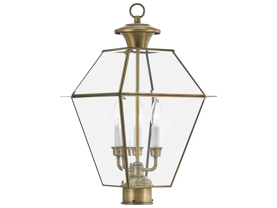 Westover 3-Light Outdoor Post Lantern in Antique Brass with Clear Beveled Glass