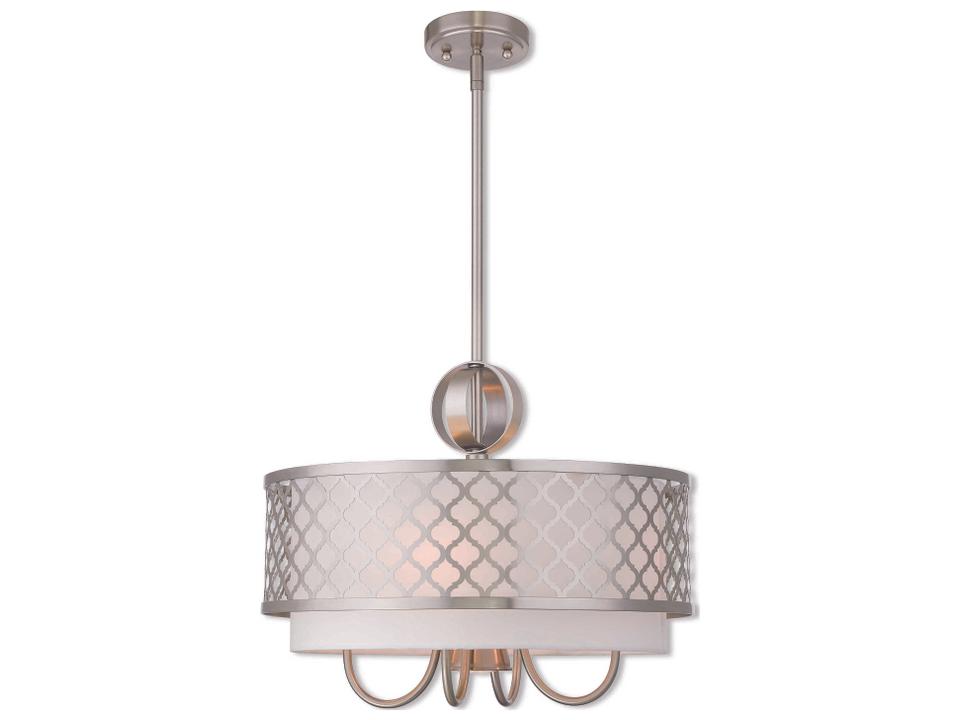5-Light Arabesque Chandelier in Brushed Nickel with White Drum Shade