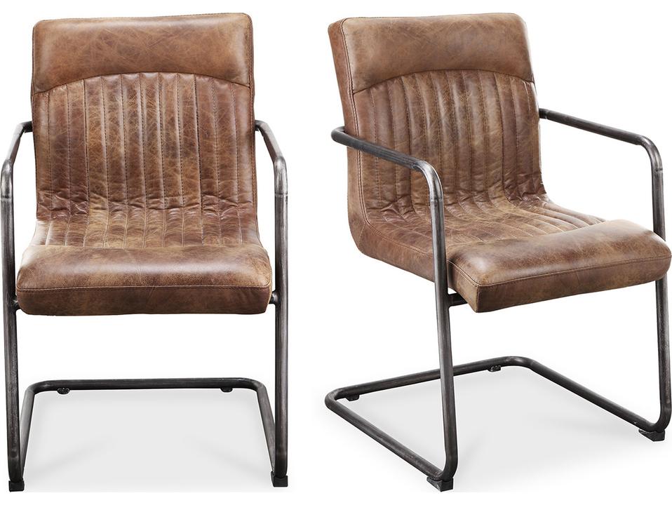 Ansel Upholstered Arm Dining Chair Set of Two in Brown Leather