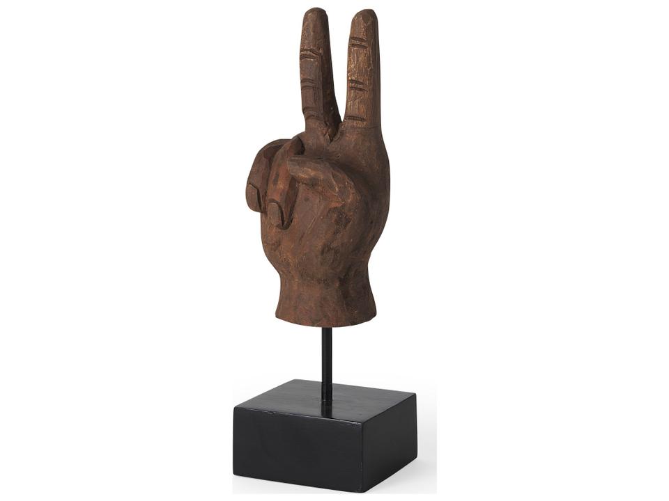 Pacem Natural Wooden Carved Peace Sign Hand Sculpture in Brown