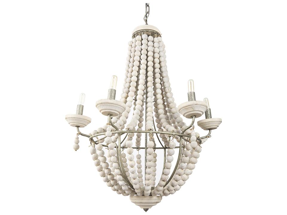 Phillum (29"x37") Silver Metal Chassis and White Wood Beaded Six Bulb Chandelier