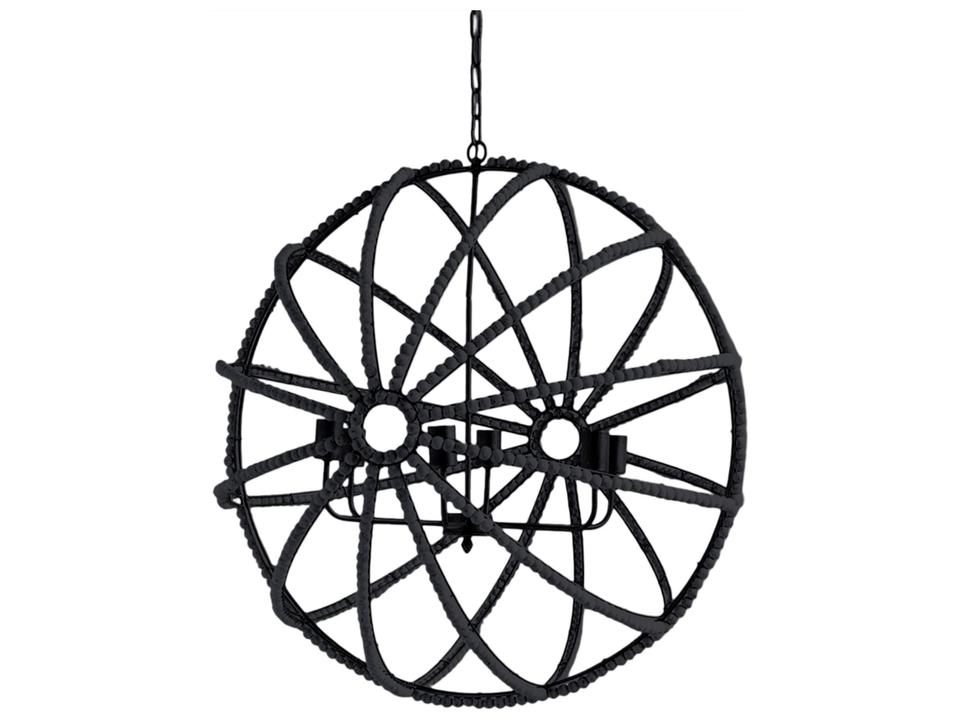 Ava I (35"x36") Black Metal and Wooden Bead Six Bulb Chandelier