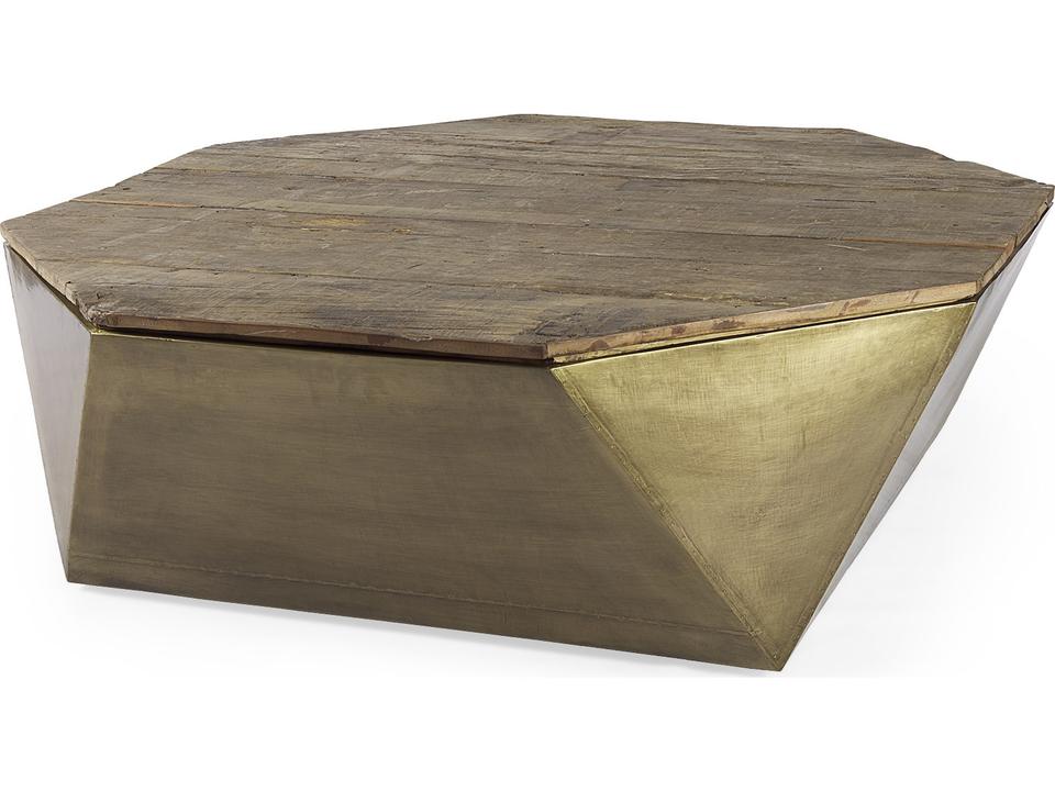 Esagono Octagonal Gold Metal-Clad Reclaimed Wood Coffee Table with Storage
