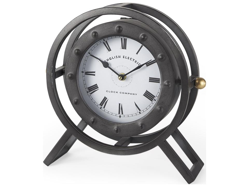 Gaston Gray Metal Circular Table Clock with Rivet Details