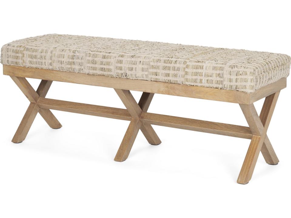 Solis II Beige Woven Leather Cushion Accent Bench with Brown Wood Base