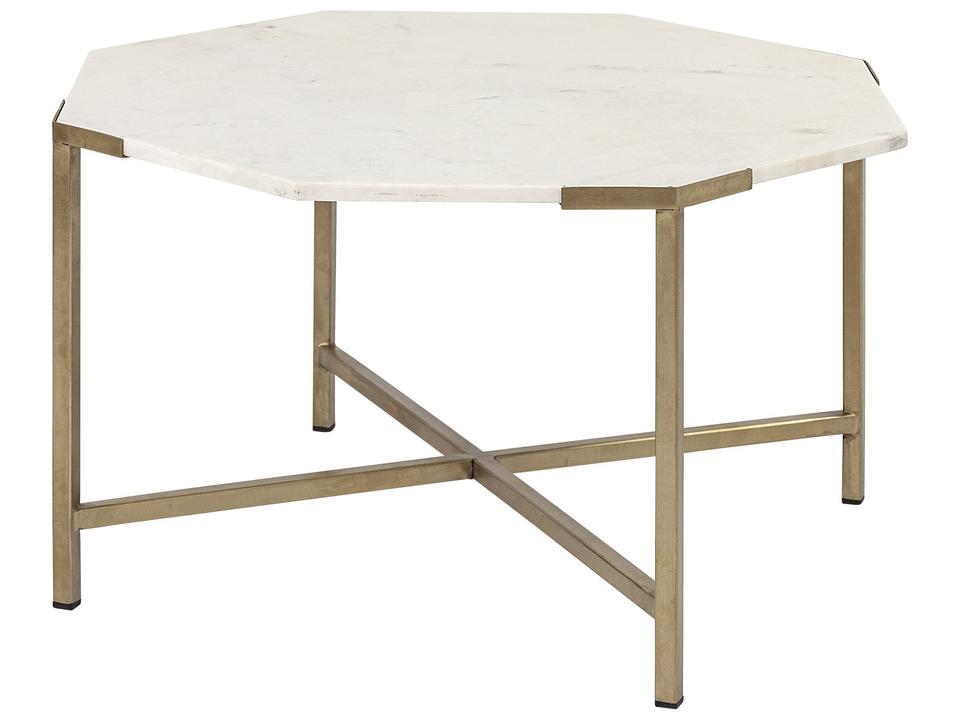 Vincent 33 Inch Octagonal White Marble Top Coffee Table with Gold Metal Base