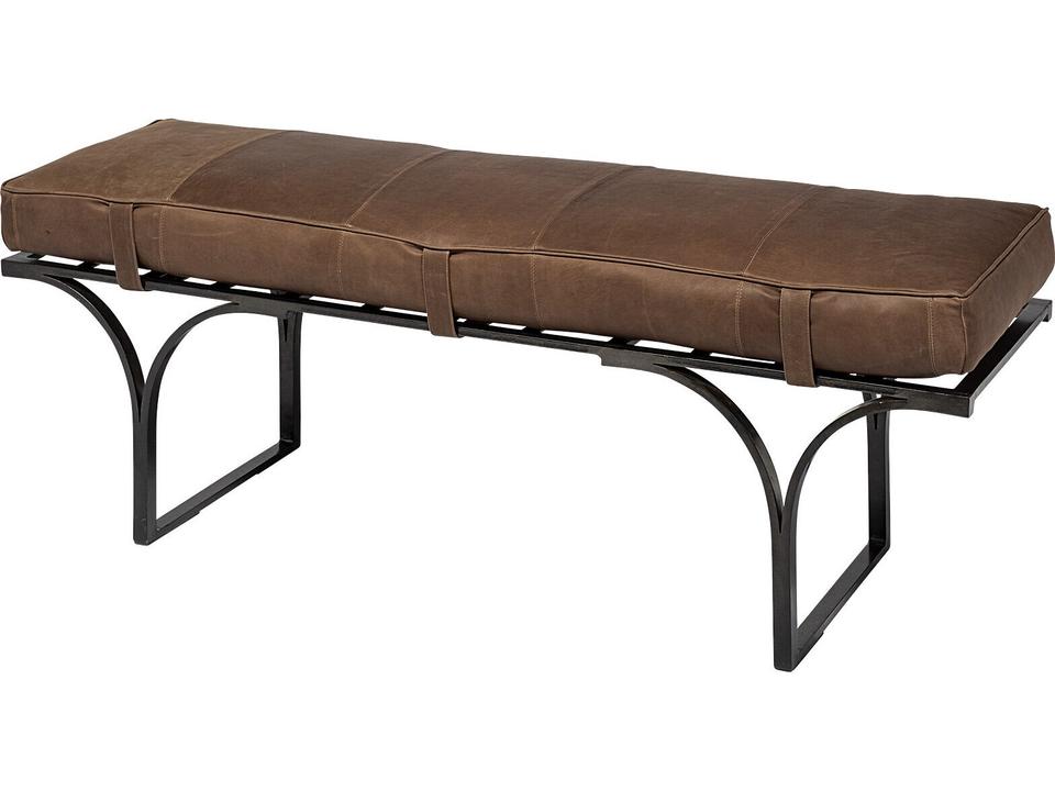 Jessie Brown Leather Seat Accent Bench with Black Metal Base