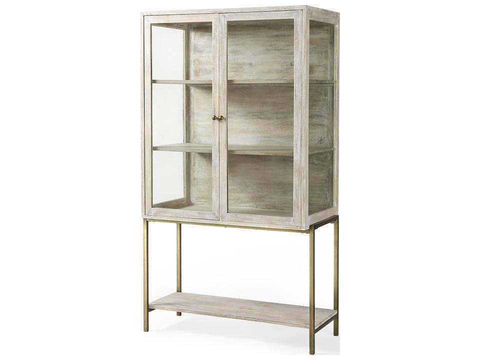 Arelius Display Cabinet White Mango Wood with Gold Metal Base