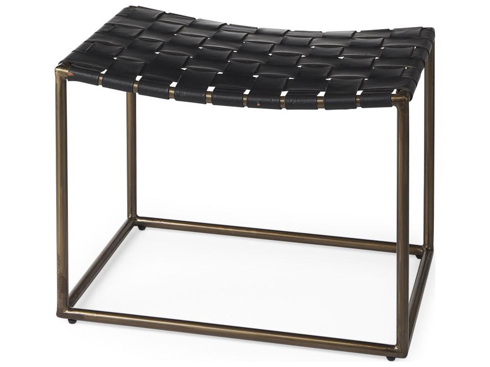 Clarissa Black Woven Leather Accent Stool with Gold Metal Frame