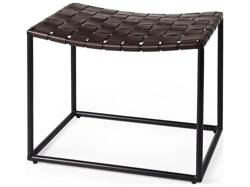 Clarissa Brown Leather Woven Seat Accent Stool with Black Metal Frame
