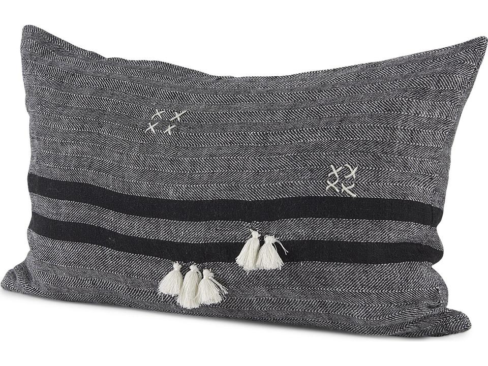 Sibyl 13L x 21W Black Fabric Striped and White Fringed Decorative Pillow Cover
