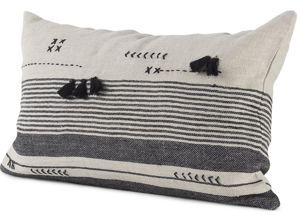 Thalia 13L x 21W Black and Beige Fabric Striped and Fringed Decorative Pillow Cover
