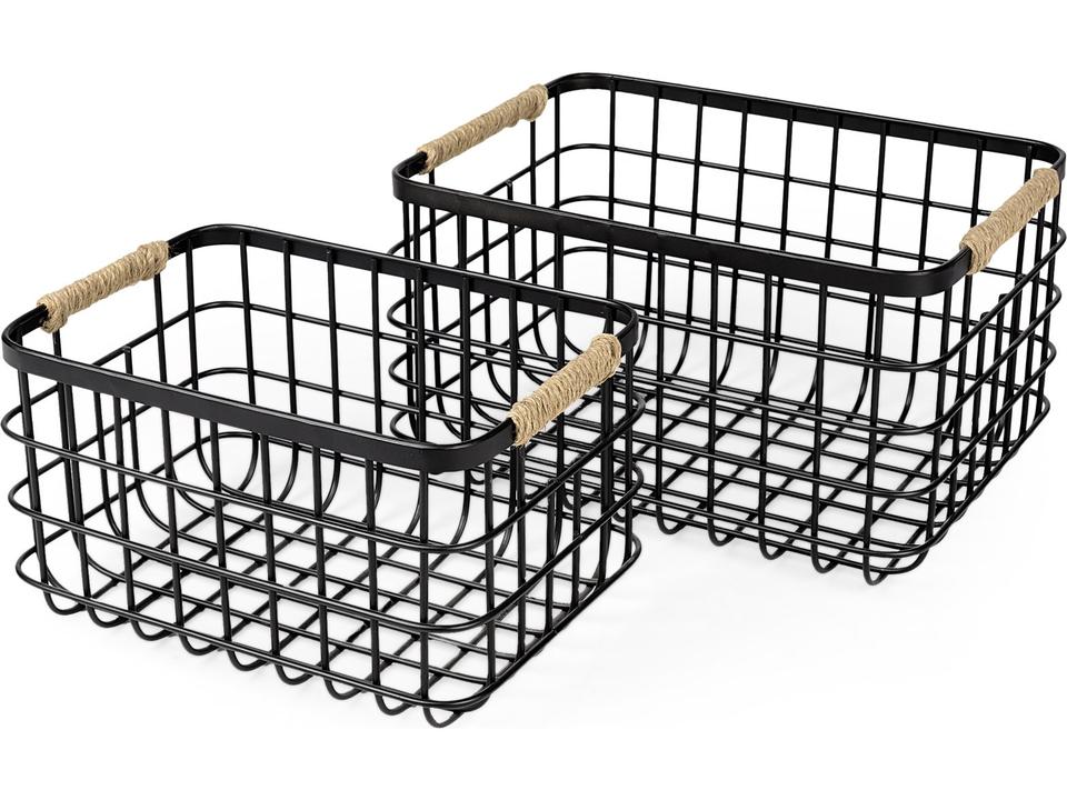 Marius 20.9L x 15.2W x 12.2 Set of Two Matte Black Metal W/ Rope Trim Rectangular Baskets
