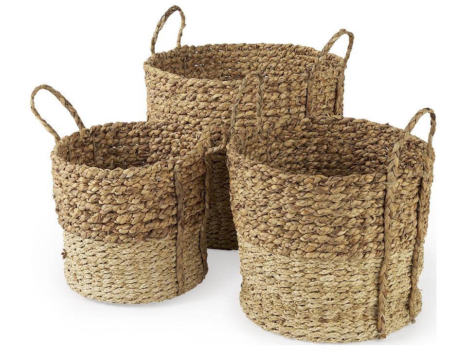 Morocco 15.7L x 15.7 (Set of 3) Brown Two Tone Water Hyacinth and Cornhusk Round Basket W/ Handles