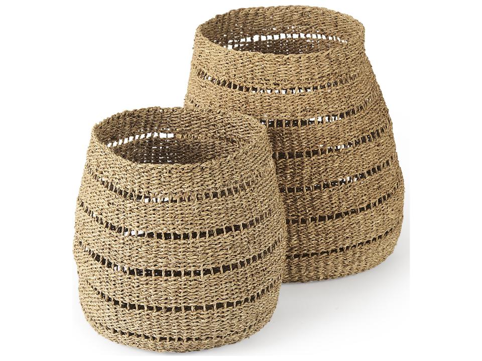 Hayes 17.7L x 17.7W x 11.8H (Set of 2) Medium Brown Seagrass Round Basket with Stripe Pattern