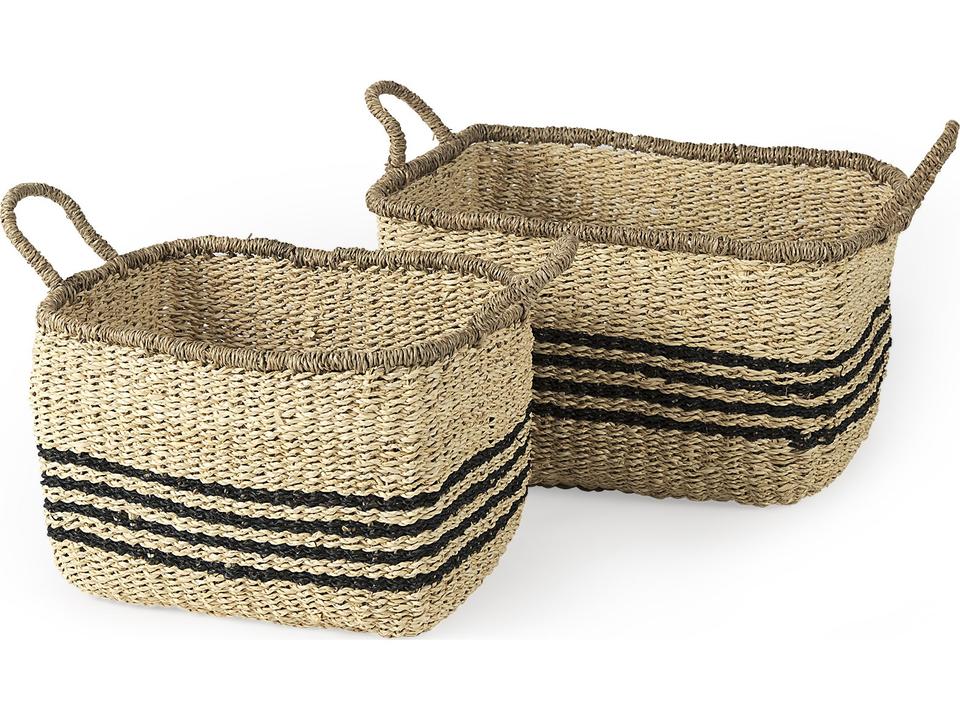 Emma 17.3L x 13.0W x 11.0H (Set of 2) Light Brown Seagrass Rectangular Basket W/ Black Stripes