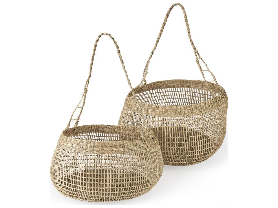 Nova 15.0L x 15.0W x 9.4H (Set of 2) Light Brown Seagrass Woven Round Basket W/ Long Handle