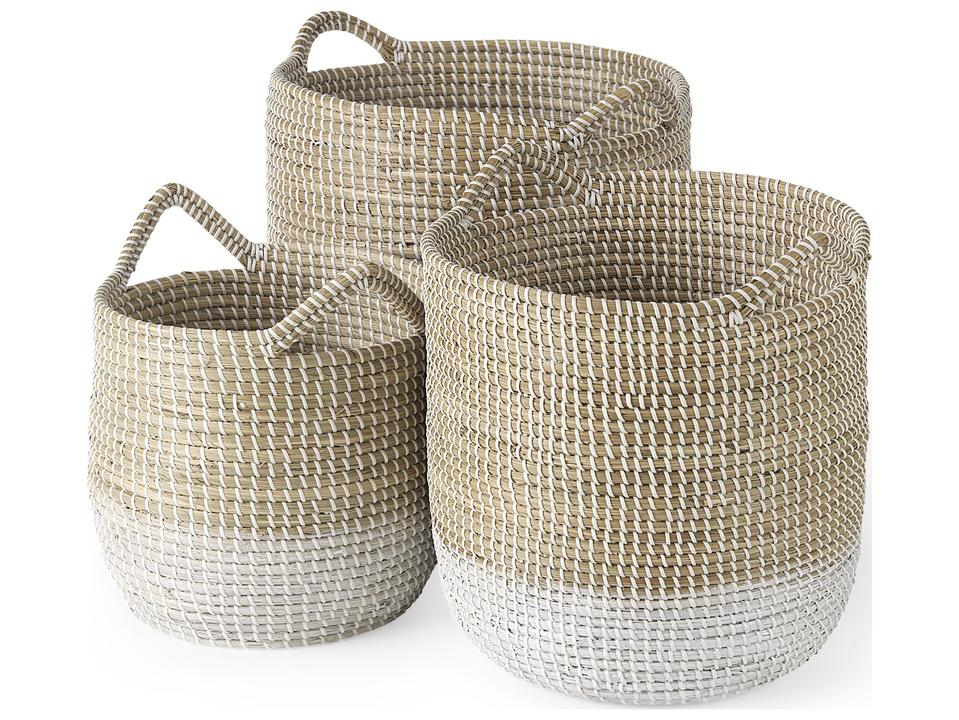 Maddie 13.8L x 13.8W X 15.0H (Set of 3) Light Brown W/White Dipped Seagrass Round Basket W/ Handles