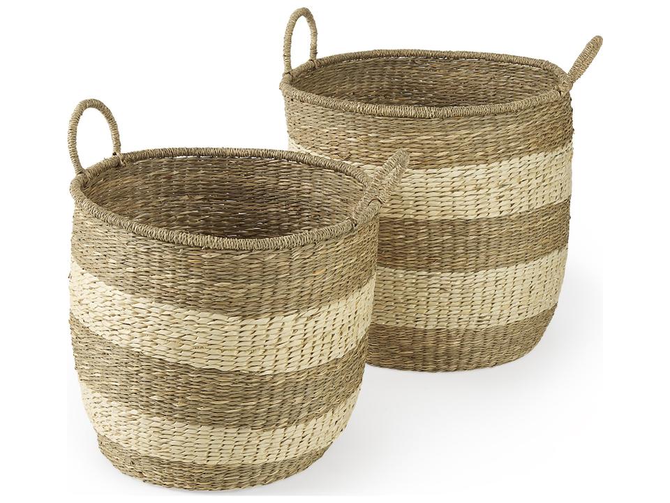 Bradley 18.1L x 18.1W x 16.0H (Set of 2) Light Brown W/Striped Seagrass Basket W/ Handles