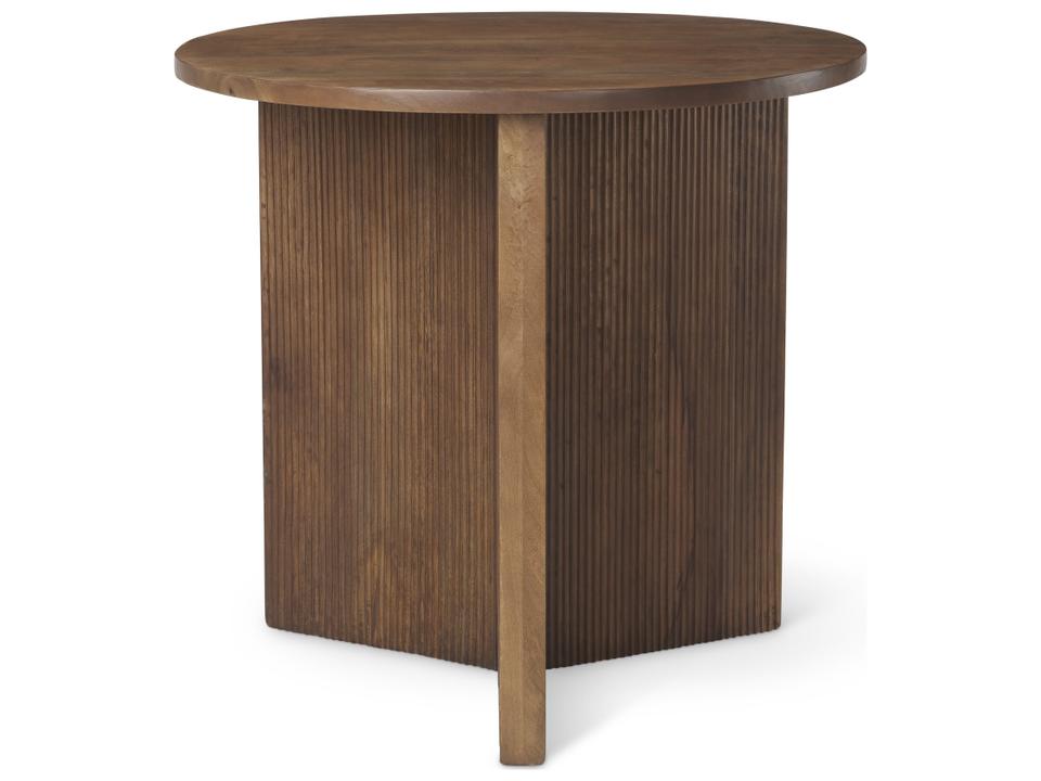 Enzo Round Fluted Wood Base Foyer Accent Table in Medium Brown