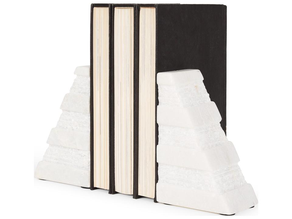 Cavetto White Marble Bookends w/rough carving S/2