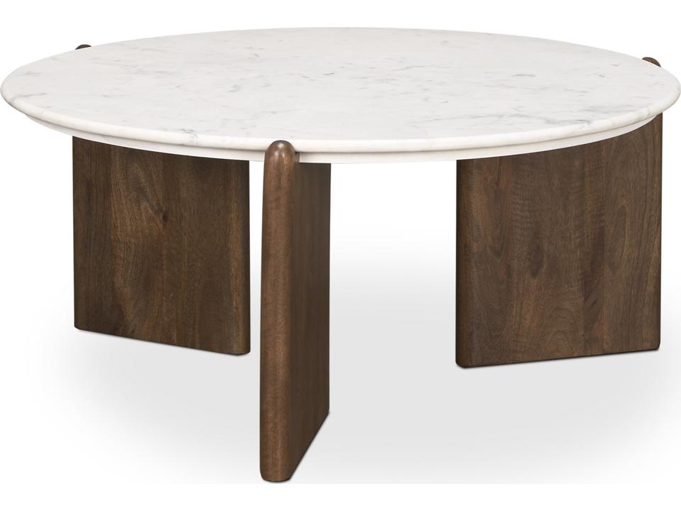 Rumer Round Coffee Table with White Marble and Dark Brown Wood