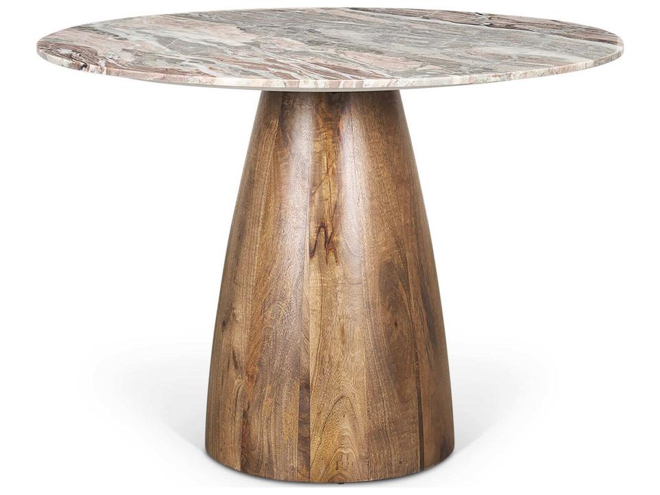 Allyson 42" Round Brown Wood Pedestal w/ Savar Pink Marble Top Dining Table