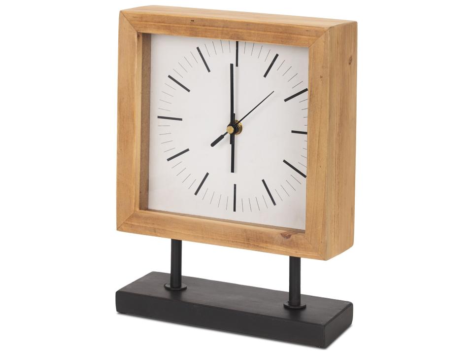 Renaya Light Brown Wood Table Clock with Matte Black Metal Base